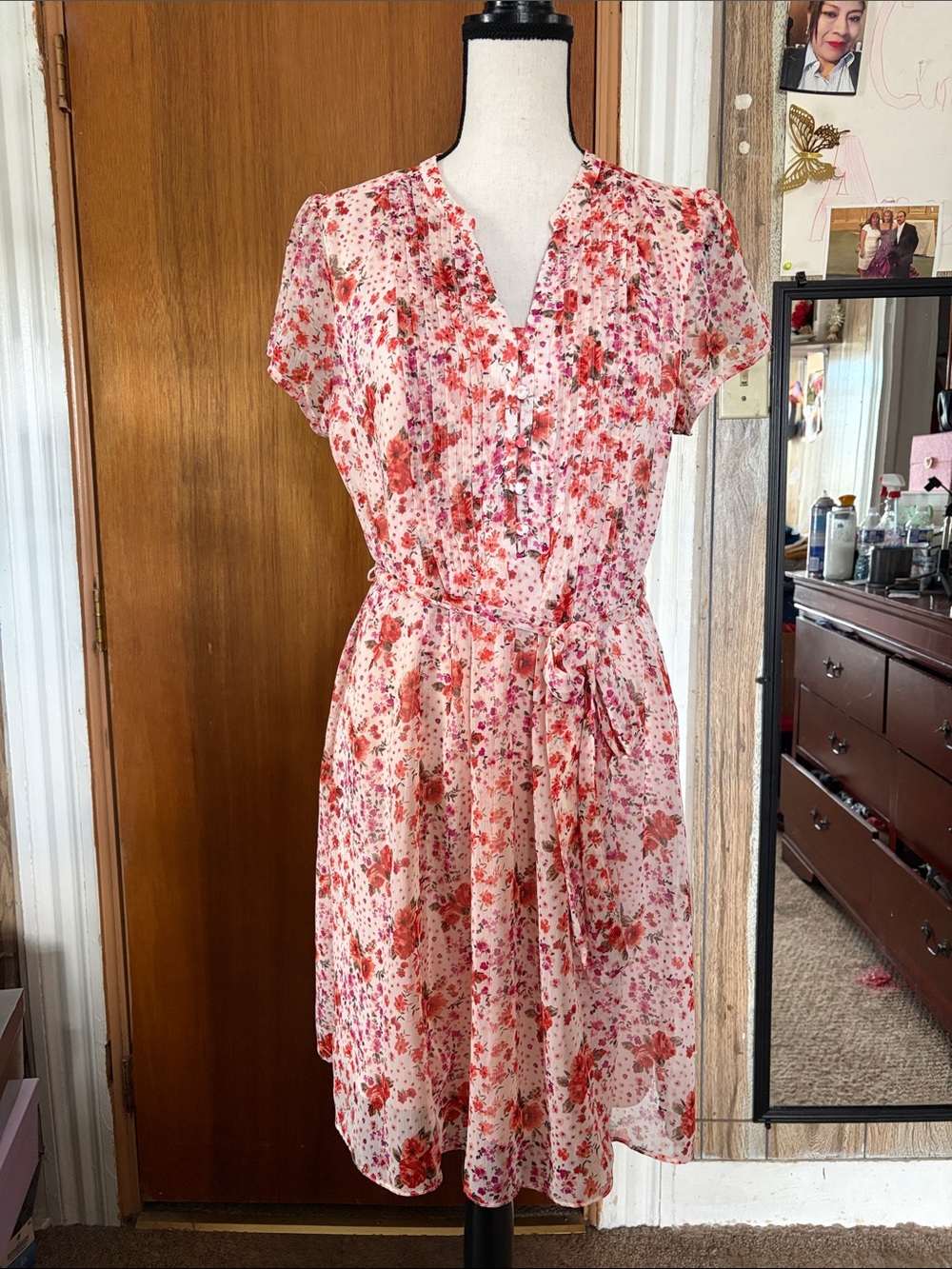 Pink Floral Tie-Waist Mini Dress